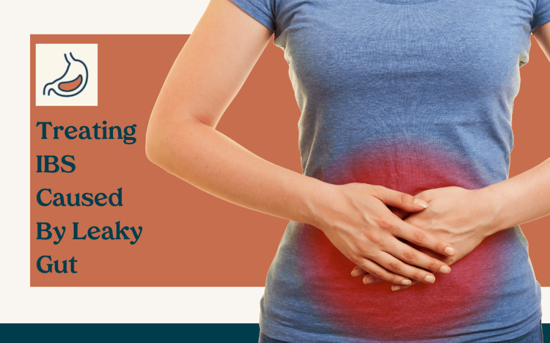 Graphic of woman holding stomach due to IBS caused by leaky gut.